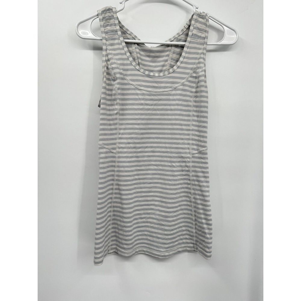 Lululemon Size 4 Striped Racerback Tank Top Women Grey White Pleated Back Pocket